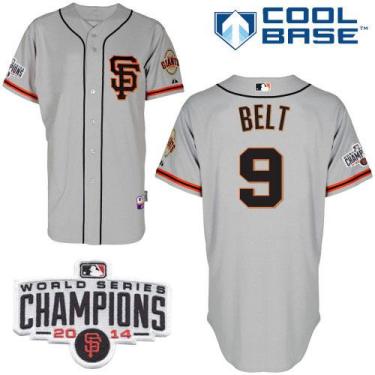 San Francisco Giants #9 Brandon Belt Grey Road 2 Cool Base W 2014 World Series Champions Patch Stitched Baseball Jersey