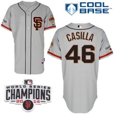 San Francisco Giants #46 Santiago Casilla Grey Road 2 Cool Base W 2014 World Series Champions Patch Stitched Baseball Jersey