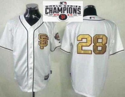 San Francisco Giants #28 Buster Posey Cream Gold No. 2014 World Series Champions Patch Stitched MLB Baseball Jersey