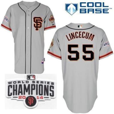 San Francisco Giants #55 Tim Lincecum Grey Road 2 2014 World Series Champions Patch Stitched MLB Baseball Jersey