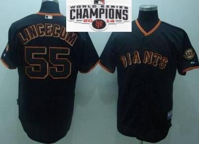 Youth San Francisco Giants #55 Tim Lincecum Black 2014 World Series Champions Patch Stitched MLB Baseball Jersey