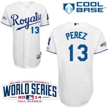 Kansas City Royals #13 Salvador Perez White Cool Base Stitched Baseball Jersey W 2014 World Series Patch
