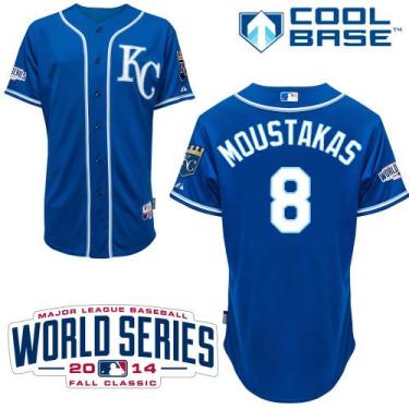Kansas City Royals #8 Mike Moustakas Blue Stitched Cool Base Baseball Jersey W 2014 World Series Patch