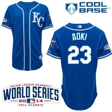 Kansas City Royals #23 Norichika Aoki Blue Cool Base Stitched Baseball Jersey W 2014 World Series Patch