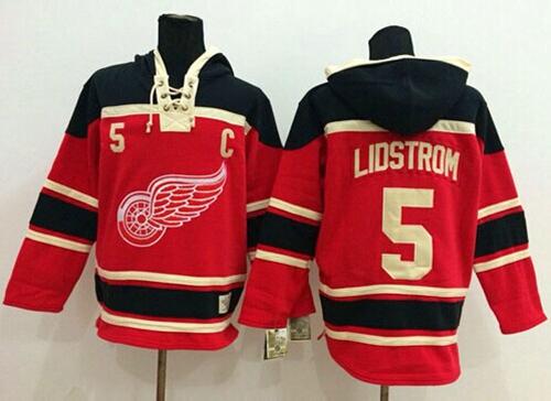 Detroit Red Wings #5 Nicklas Lidstrom Red Sawyer Hooded Sweatshirt Stitched NHL Jersey