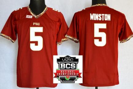 Kids Florida State Seminoles (FSU) 5 Jameis Winston Red College Football NCAA Jerseys 2014 Vizio BCS National Championship Game Patch