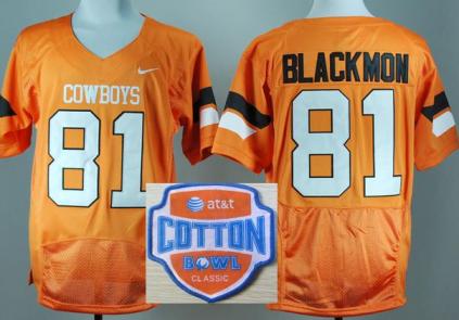 Oklahoma State Cowboys 81 Justin Blackmon Orange Pro Combat College Football NCAA Jerseys 2014 AT & T Cotton Bowl Game Patch