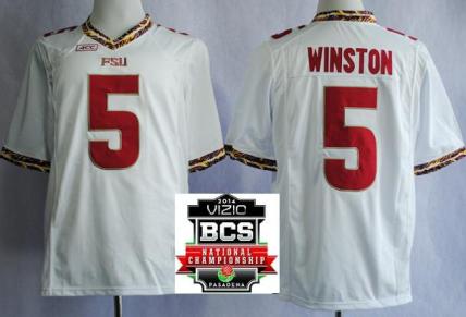 Florida State Seminoles (FSU) 5 Jameis Winston White College Football NCAA Jerseys 2014 Vizio BCS National Championship Game Patch