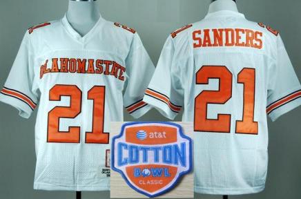 Oklahoma State Cowboys 21 Barry Sanders White Throwback College Football NCAA Jerseys 2014 AT & T Cotton Bowl Game Patch