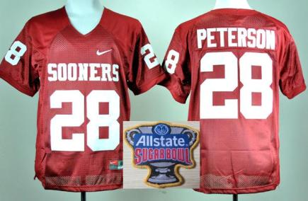 Oklahoma Sooners 28 Adrian Peterson Red College Football NCAA Jersey 2014 All State Sugar Bowl Game Patch