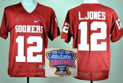 Oklahoma Sooners 12 Landry Jones Red College Football NCAA Jersey 2014 All State Sugar Bowl Game Patch