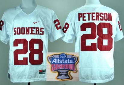 Oklahoma Sooners 28 Adrian Peterson White College Football NCAA Jersey 2014 All State Sugar Bowl Game Patch