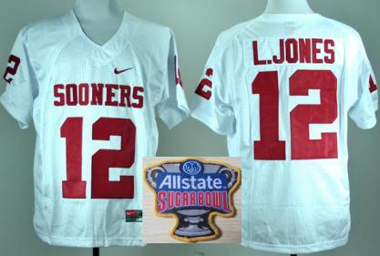 Oklahoma Sooners 12 Landry Jones White College Football NCAA Jersey 2014 All State Sugar Bowl Game Patch