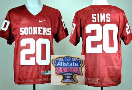 Oklahoma Sooners 20 Billy Sims Red College Football NCAA Jersey 2014 All State Sugar Bowl Game Patch