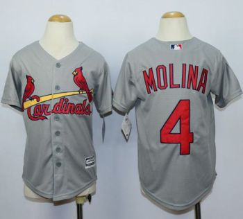 Youth Cardinals #4 Yadier Molina Grey Cool Base Stitched Baseball Jersey