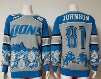 Nike Lions #81 Calvin Johnson Blue Grey Men's Ugly Sweater