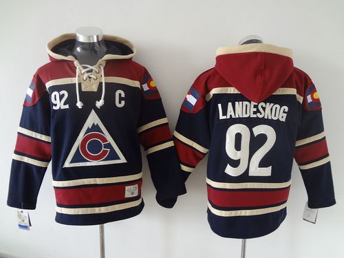Colorado Avalanche #92 Gabriel Landeskog Navy Blue Sawyer Hooded Sweatshirt Stitched NHL Jersey