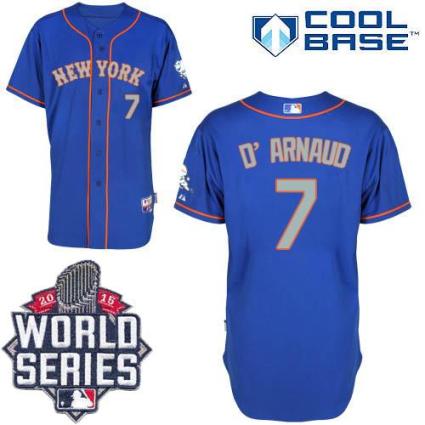 New York Mets #7 Travis D'Arnaud Blue(Grey NO.) Alternate Road Cool Base W 2015 World Series Patch Stitched MLB Jersey