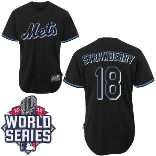 New York Mets #18 Darryl Strawberry Black Fashion W 2015 World Series Patch Stitched MLB Jersey