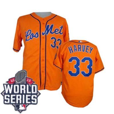 New York Mets #33 Matt Harvey Orange Los Mets Cool Base W 2015 World Series Patch Stitched MLB Jersey