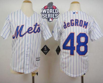 Youth New York Mets #48 Jacob DeGrom White(Blue Strip) Home Cool Base W 2015 World Series Patch Stitched MLB Jersey