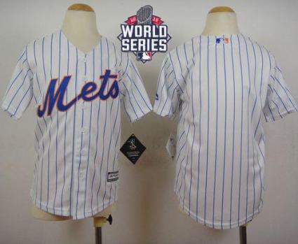 Youth New York Mets Blank White(Blue Strip) Home Cool Base W 2015 World Series Patch Stitched MLB Jersey