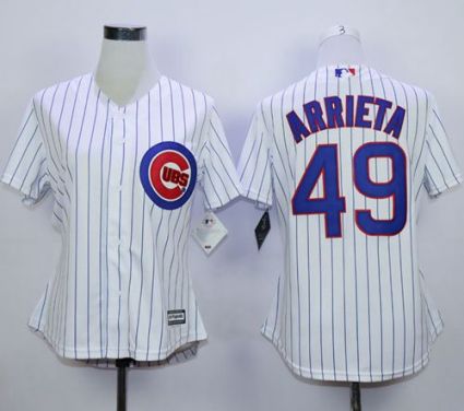 Women Chicago Cubs #49 Jake Arrieta White(Blue Strip) Home Stitched MLB Jersey