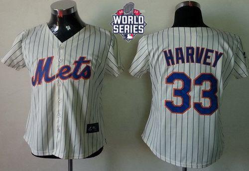 Women New York Mets #33 Matt Harvey Cream(Blue Strip) W 2015 World Series Patch Fashion Stitched MLB Jersey