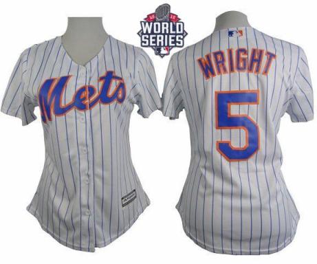 Women New York Mets #5 David Wright White(Blue Strip) W 2015 World Series Patch Home Stitched MLB Jersey