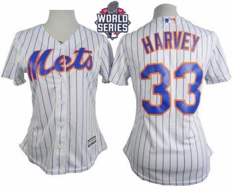 Women New York Mets #33 Matt Harvey White(Blue Strip) W 2015 World Series Patch Home Stitched MLB Jersey