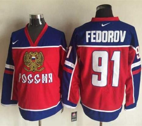 Detroit Red Wings #91 Sergei Fedorov Red Blue Nike Stitched NHL Jersey