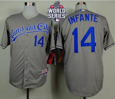 Royals #14 Omar Infante Grey Cool Base W 2015 World Series Patch Stitched Baseball Jersey