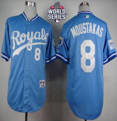 Royals #8 Mike Moustakas Light Blue 1985 Turn Back The Clock W 2015 World Series Patch Stitched Baseball Jersey Royals #8 Mike Moustakas Light Blue 1985 Turn Back The Clock W 2015 World Series Patch Stitched Baseball Jersey