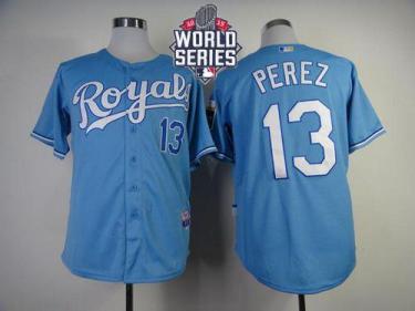 Royals #13 Salvador Perez Light Blue Cool Base W 2015 World Series Patch Stitched Baseball Jersey