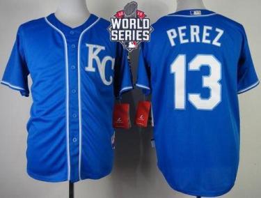 Royals #13 Salvador Perez Blue Alternate 2 Cool Base W 2015 World Series Patch Stitched Baseball Jersey