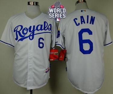 Royals #6 Lorenzo Cain White Cool Base W 2015 World Series Patch Stitched Baseball Jersey