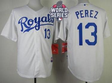 Royals #13 Salvador Perez White Cool Base W 2015 World Series Patch Stitched Baseball Jersey