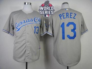 Royals #13 Salvador Perez Grey Cool Base W 2015 World Series Patch Stitched Baseball Jersey