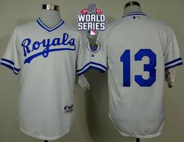 Royals #13 Salvador Perez White 1974 Turn Back The Clock W 2015 World Series Patch Stitched Baseball Jersey