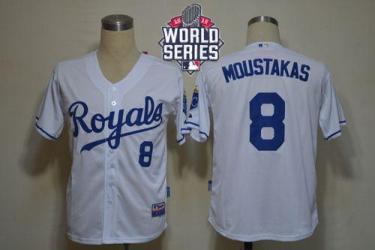 Royals #8 Mike Moustakas White Cool Base W 2015 World Series Patch Stitched Baseball Jersey