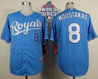 Royals #8 Mike Moustakas Light Blue Alternate 1 Cool Base W 2015 World Series Patch Stitched Baseball Jersey