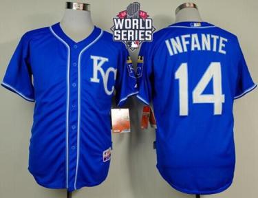 Royals #14 Omar Infante Light Blue Alternate 2 Cool Base W 2015 World Series Patch Stitched Baseball Jersey
