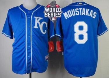 Royals #8 Mike Moustakas Blue Alternate 2 Cool Base W 2015 World Series Patch Stitched Baseball Jersey