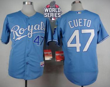 Royals #47 Johnny Cueto Light Blue Alternate 1 Cool Base W 2015 World Series Patch Stitched Baseball Jersey