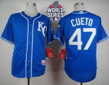 Royals #47 Johnny Cueto Light Blue Alternate 2 Cool Base W 2015 World Series Patch Stitched Baseball Jersey