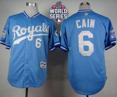Royals #6 Lorenzo Cain Light Blue 1985 Turn Back The Clock W 2015 World Series Patch Stitched Baseball Jersey