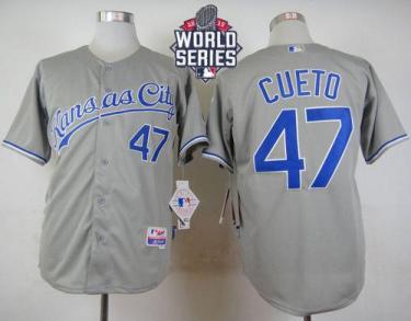 Royals #47 Johnny Cueto Grey Cool Base W 2015 World Series Patch Stitched Baseball Jersey