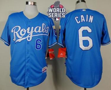 Royals #6 Lorenzo Cain Light Blue Alternate Cool Base W 2015 World Series Patch Stitched Baseball Jersey