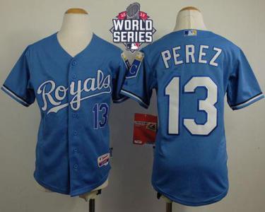 Youth Royals #13 Salvador Perez Light Blue Cool Base Alternate 1 W 2015 World Series Patch Stitched Baseball Jersey