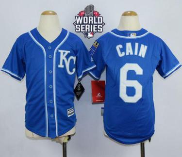 Youth Royals #6 Lorenzo Cain Blue Alternate 2 Cool Base W 2015 World Series Patch Stitched Baseball Jersey